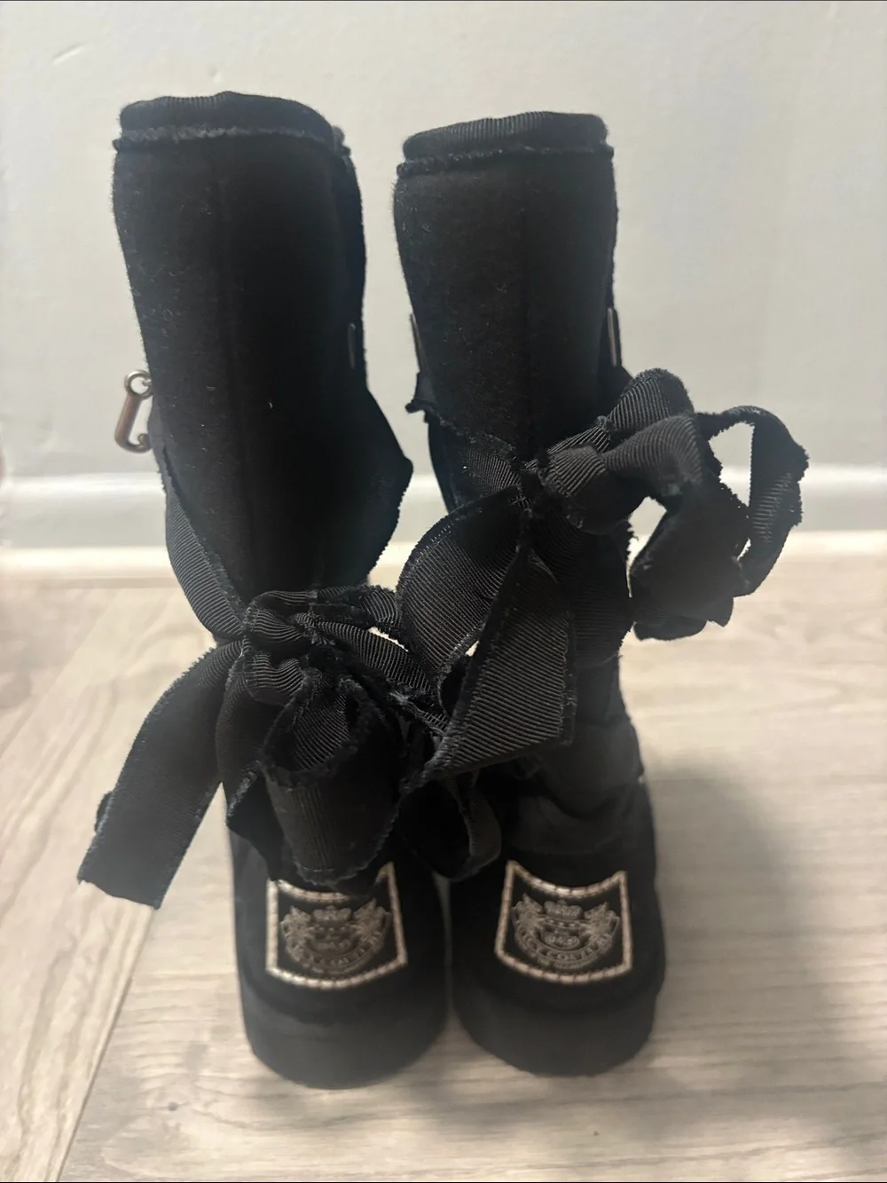 Kids Y2K Juicy Couture Black Jersey Knit Faux Suede Boots with White Embroidery